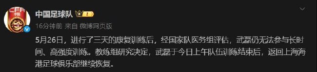 武磊返回俱乐部继续恢复 大概率无缘国足18强赛